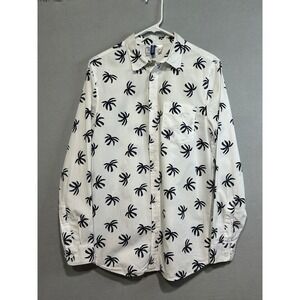 H&M Mens White Palm Tree Print Long‎ Sleeve Button Up Shirt Size Small Cotton
